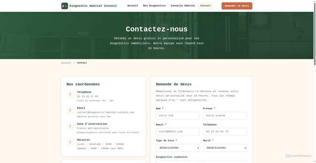 Security scan screenshot of https://diagnostic-habitat-conseil.com/contact.html