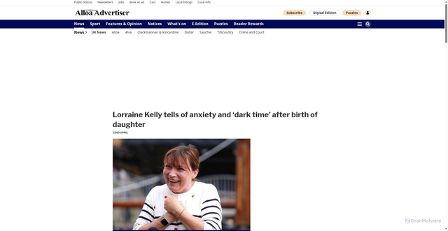 Security scan screenshot of https://www.alloaadvertiser.com/news/national/26043530.lorraine-kelly-tells-anxiety-dark-time-birth-daughter/