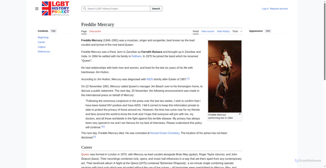Security scan screenshot of https://lgbthistoryuk.org/wiki/Freddie_Mercury