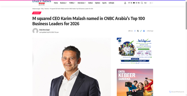 Security scan screenshot of https://www.dailynewsegypt.com/2026/07/18/m-squared-ceo-karim-malash-named-in-cnbc-arabias-top-100-business-leaders-for-2026/