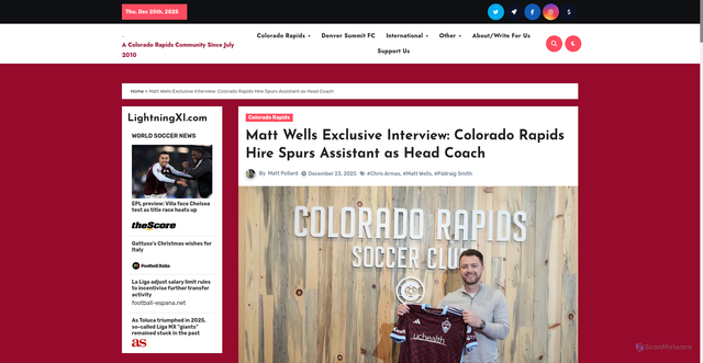 Security scan screenshot of https://burgundywave.com/2025/12/23/head-coach-matt-wells-colorado-rapids-exclusive-interview/