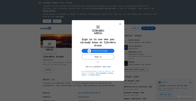 Security scan screenshot of https://www.linkedin.com/company/tj%C3%B6rnbroarena