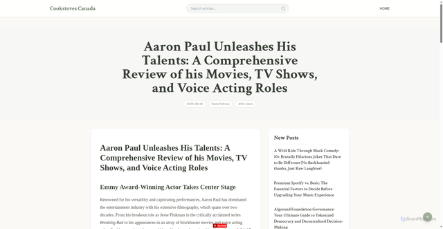 Security scan screenshot of https://dev.cookstovescanada.ca/aaron-paul-unleashes-his-talents-a-comprehensive-review-of-his-movies-tv-shows-and-voice-acting-roles
