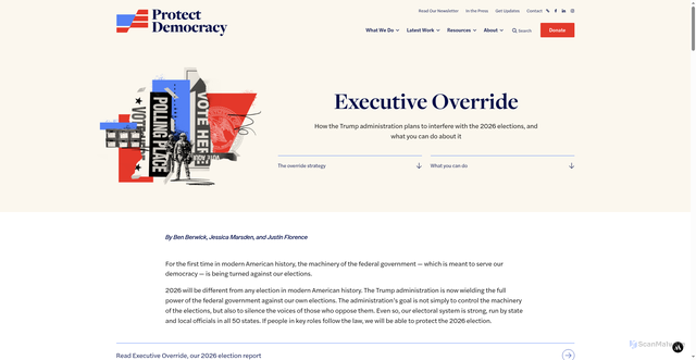 Security scan screenshot of https://protectdemocracy.org/executive-override/