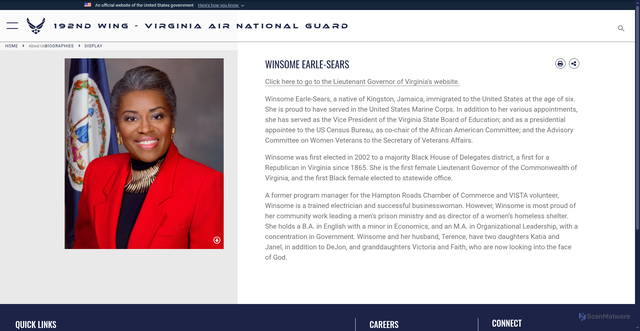 Security scan screenshot of https://www.192wg.ang.af.mil/About-Us/Biographies/Display/Article/3546041/winsome-earle-sears/