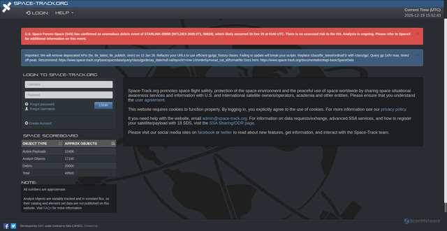 Security scan screenshot of https://www.space-track.org/