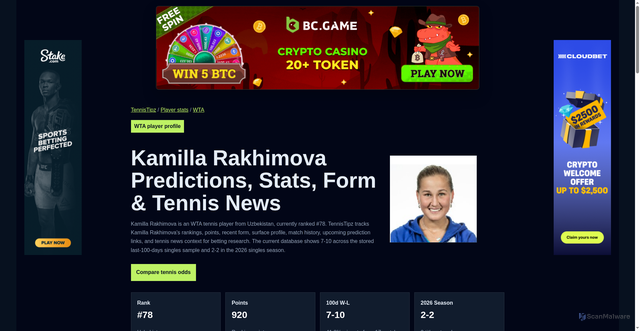 Security scan screenshot of https://www.tennistipz.win/players/wta/kamilla-rakhimova/