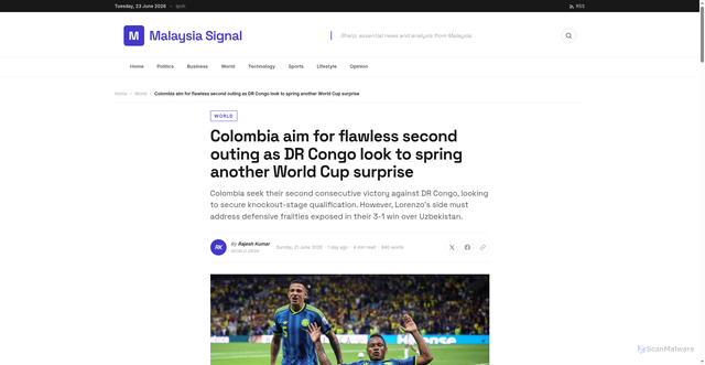 Security scan screenshot of https://malaysiasignal.com/article/colombia-aim-for-flawless-second-outing-as-dr-congo-look-to-spring-another