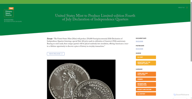 Security scan screenshot of https://primarynewssource.org/sourcedocument/united-states-mint-to-produce-limited-edition-fourth-of-july-declaration-of-independence-quarters/