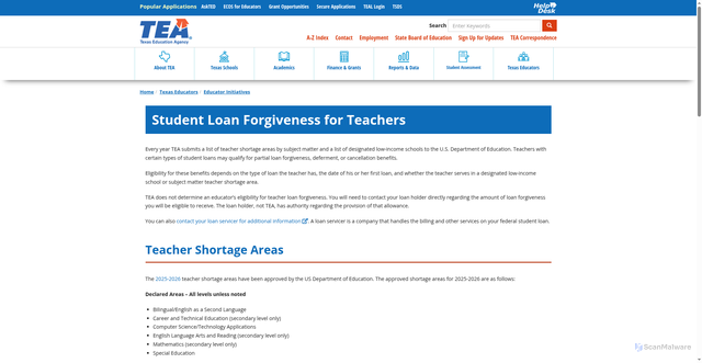Security scan screenshot of https://tea.texas.gov/texas-educators/educator-initiatives-and-performance/student-loan-forgiveness-for-teachers