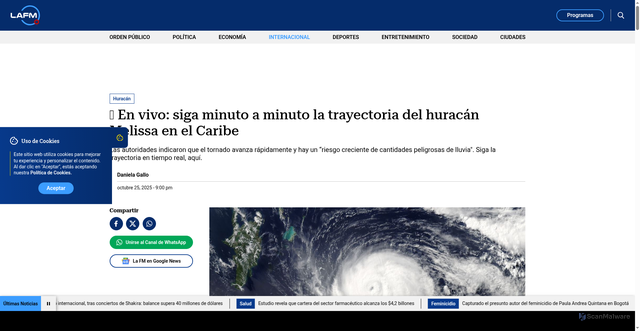 Security scan screenshot of https://www.lafm.com.co/internacional/en-vivo-siga-la-trayectoria-del-huracan-melissa-en-el-caribe-380790