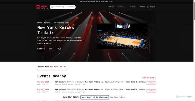 Security scan screenshot of https://www.megaseats.com/performers/new-york-knicks-732