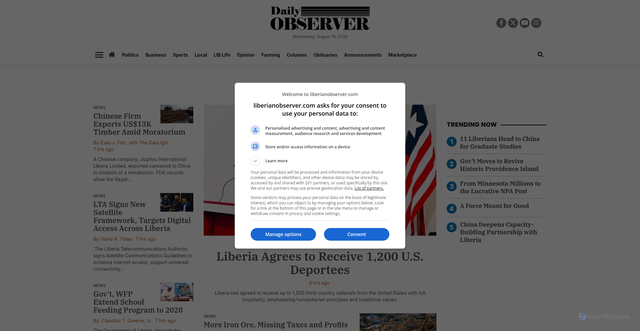 Security scan screenshot of https://www.liberianobserver.com/