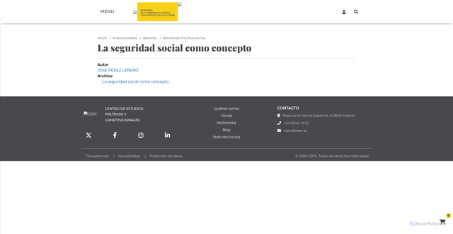 Security scan screenshot of https://www.cepc.gob.es/publicaciones/revistas/revista-de-politica-social/numero-17-eneromarzo-1953/la-seguridad-social-como-concepto-1