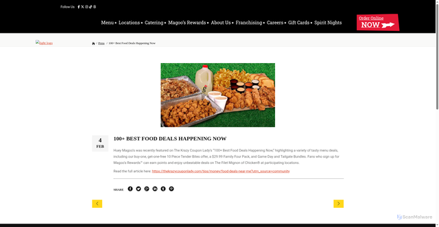 Security scan screenshot of https://hueymagoos.com/100-best-food-deals-happening-now/