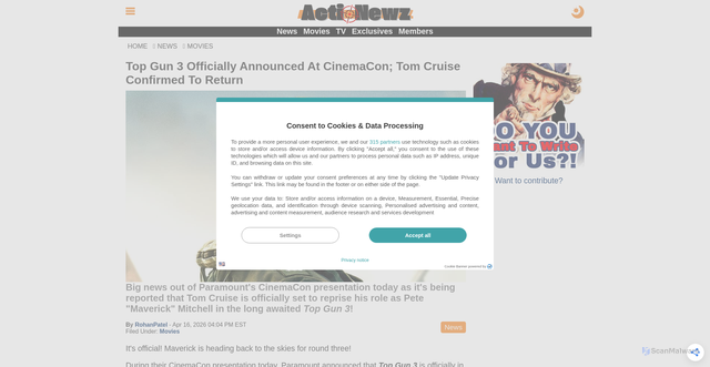 Security scan screenshot of https://actionewz.com/movies/top-gun-3-officially-announced-at-cinemacon-tom-cruise-confirmed-to-return-a5972