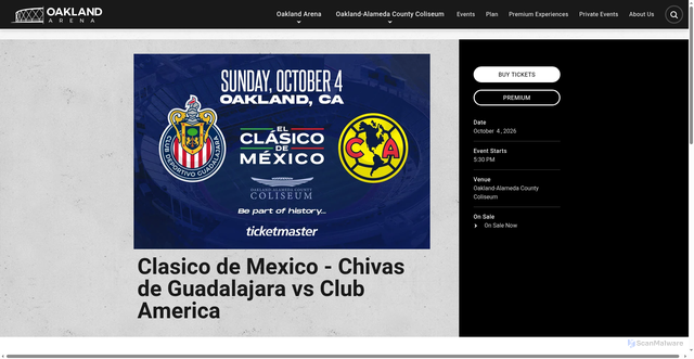 Security scan screenshot of https://www.theoaklandarena.com/events/detail/clasico-de-mexico-chivas-de-guadalajara-vs-club-america