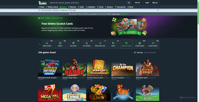 Security scan screenshot of https://casino.guru/free-casino-games/scratch-cards