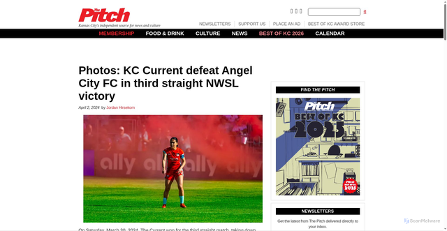 Security scan screenshot of https://www.thepitchkc.com/kc-current-defeat-angel-city-fc-in-third-straight-nwsl-victory/