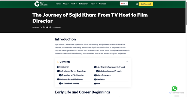 Security scan screenshot of https://gulfmagazine.co/the-journey-of-sajid-khan-from-tv-host-to-film-director/