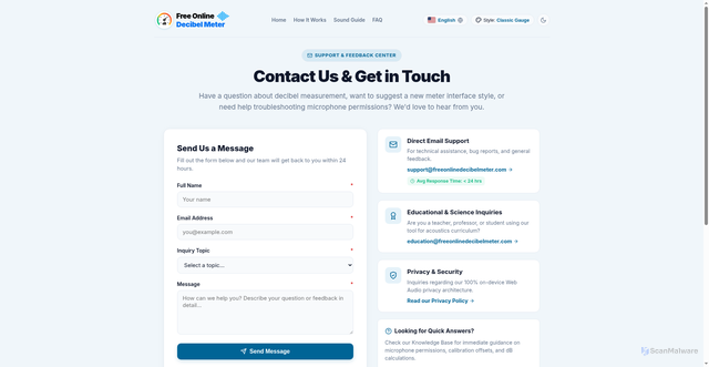 Security scan screenshot of https://freeonlinedecibelmeter.com/contact-us