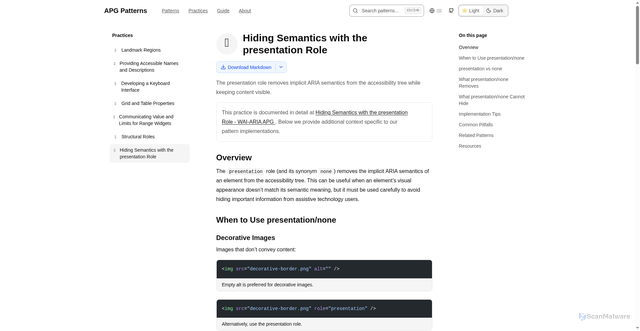 Security scan screenshot of https://apg-patterns-examples.pages.dev/practices/hiding-semantics/
