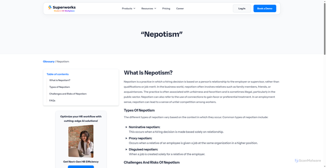 Security scan screenshot of https://superworks.com/glossary/nepotism/