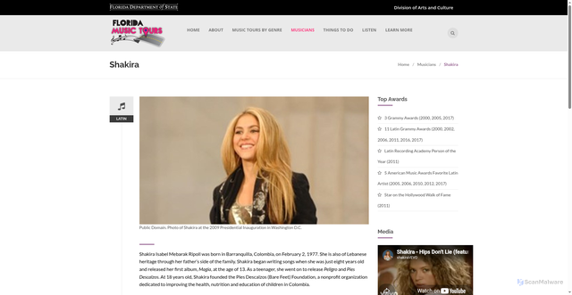 Security scan screenshot of https://www.floridamusictours.com/musicians/shakira/