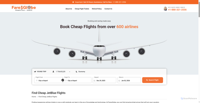 Security scan screenshot of https://faresglobe.com/airlines/jetblue-flights