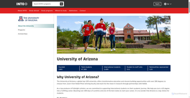 Security scan screenshot of https://www.intostudy.com/en/universities/university-of-arizona