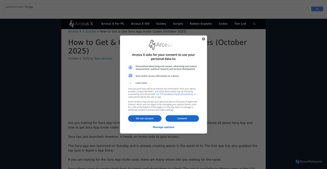 Security scan screenshot of https://arceusx.net/sora-app-invite-codes/