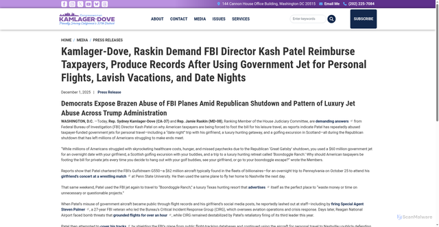 Security scan screenshot of http://kamlager-dove.house.gov/media/press-releases/kamlager-dove-raskin-demand-fbi-director-kash-patel-reimburse-taxpayers