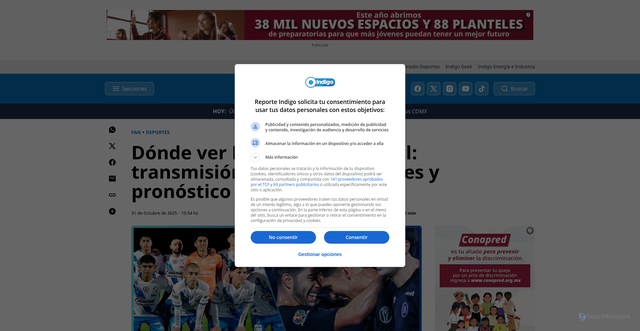 Security scan screenshot of https://www.reporteindigo.com/deportes/donde-ver-puebla-vs-cruz-azul-en-vivo-transmision-hora-alineaciones-y-pronostico-j16-liga-mx-2025-20251031-0061.html