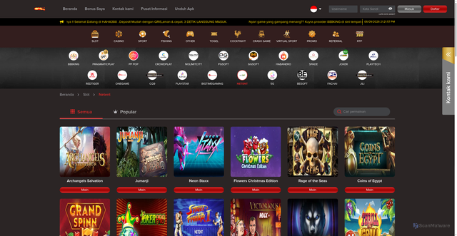 Security scan screenshot of https://haha388lucky.com/games/slot/netent