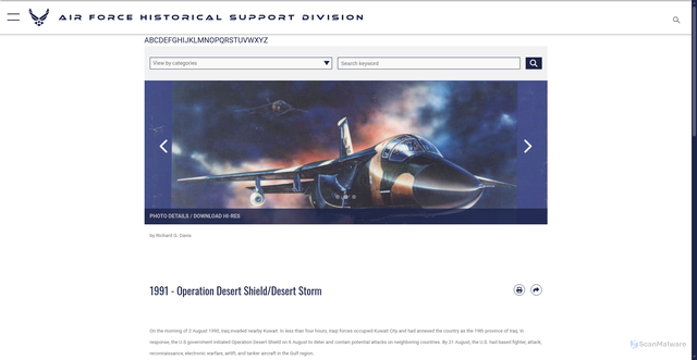 Security scan screenshot of https://www.afhistory.af.mil/FAQs/Fact-Sheets/Article/458965/1991-operation-desert-shielddesert-storm/