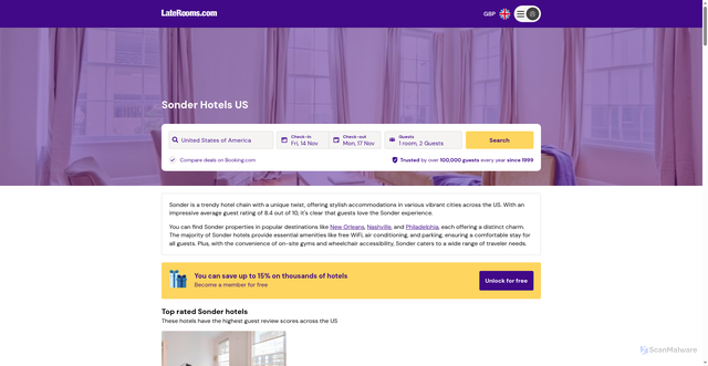 Security scan screenshot of https://www.laterooms.com/hotel-brands/sonder/