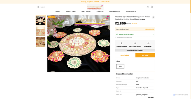 Security scan screenshot of https://kunjkreationsstudio.com/Artisanal-Diya-Pack-With-Rangoli-For-Divine-Pooja-And-Festive/catalogue/MMkaQ9Ew/fhjyPhtq