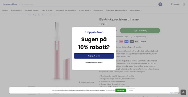 Security scan screenshot of https://kroppsbutiken.se/collections/kroppsvard/products/elektrisk-precisionstrimmer?utm_source=Klaviyo&utm_medium=email&_kx=u2HszHdrGL0ko1AOBaw8Hz_zGjMiRUOnyG-u68ldHJo.V2UBpU