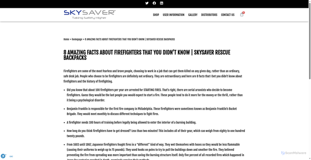 Security scan screenshot of https://skysaver.com/blog/8-amazing-facts-firefighters-didnt-know-skysaver-rescue-backpacks/