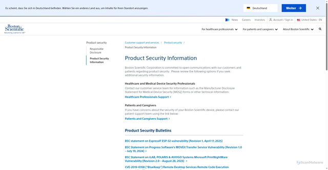 Security scan screenshot of https://www.bostonscientific.com/en-US/customer-service/product-security/product-security-information.html