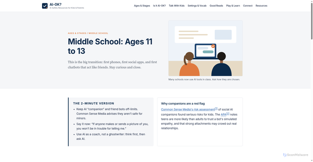 Security scan screenshot of https://ai-ok-for-parents.pages.dev/middle-school.html