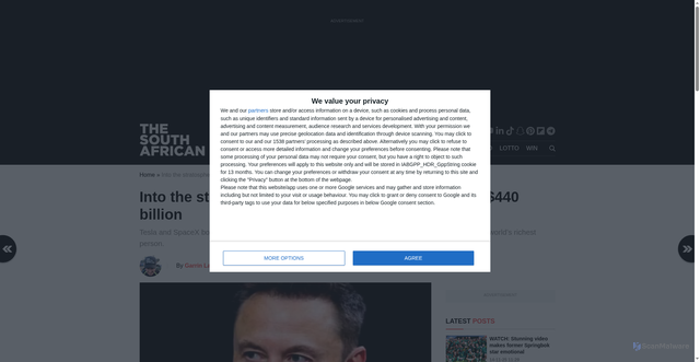 Security scan screenshot of https://www.thesouthafrican.com/business/elon-musk-net-worth-tops-440-billion-dollars-bloomberg-forbes-breaking-richest-man/