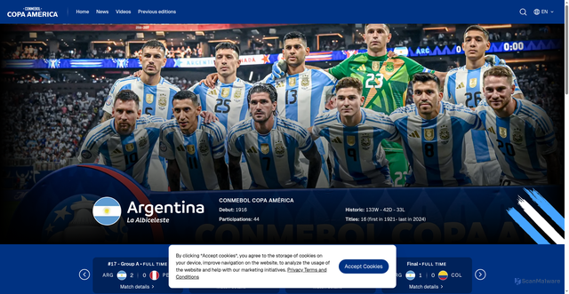 Security scan screenshot of https://copaamerica.com/en/teams/argentina