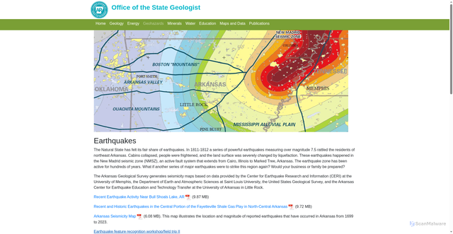 Security scan screenshot of https://geology.arkansas.gov/geohazards/earthquakes-in-arkansas.html