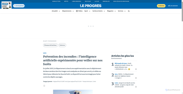 Security scan screenshot of https://www.leprogres.fr/environnement/2025/10/23/prevention-des-feux-de-foret-l-intelligence-artificielle-en-experimentation-dans-la-loire