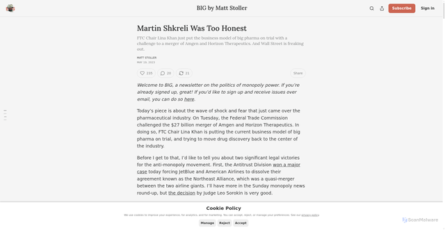 Security scan screenshot of https://www.thebignewsletter.com/p/martin-shkreli-was-too-honest