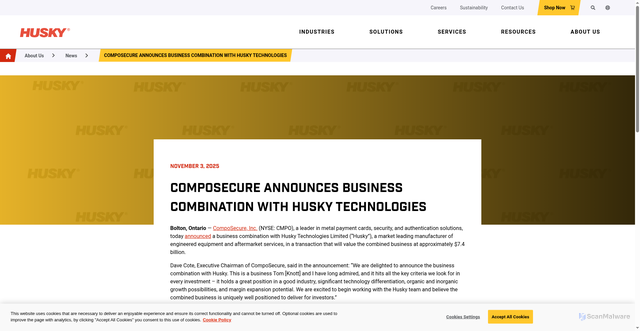 Security scan screenshot of https://www.husky.co/en/about-us/news/composecure-announces-business-combination-with-husky-technologies/