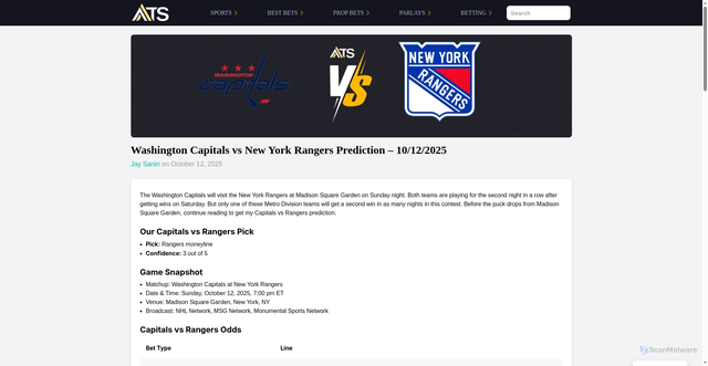 Security scan screenshot of https://ats.io/nhl/washington-capitals-vs-new-york-rangers-prediction-10-12-2025/470698/