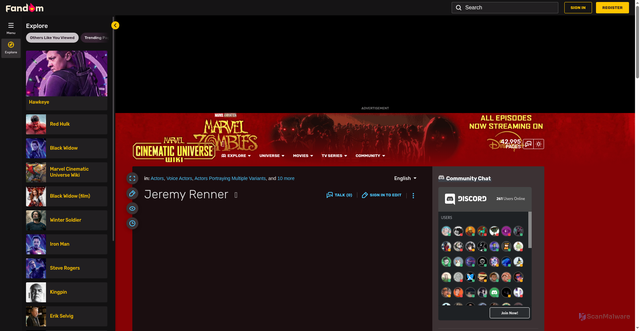 Security scan screenshot of https://marvelcinematicuniverse.fandom.com/wiki/Jeremy_Renner