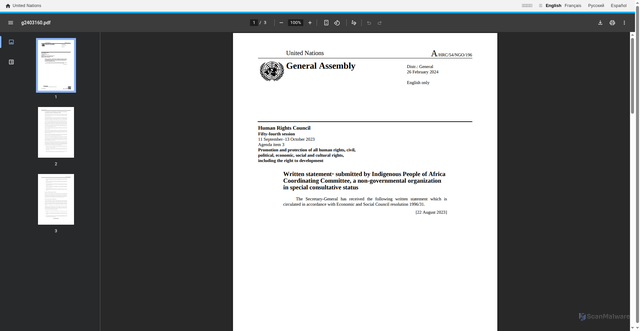 Security scan screenshot of https://docs.un.org/en/A/HRC/54/NGO/196